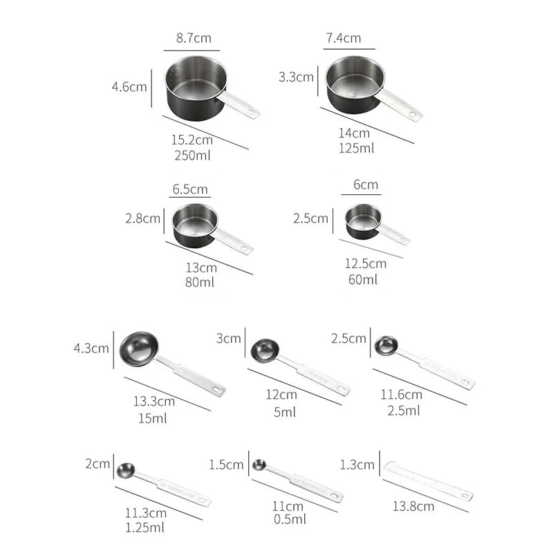 KIT Conjunto de copos e colheres de medição de aço inoxidável